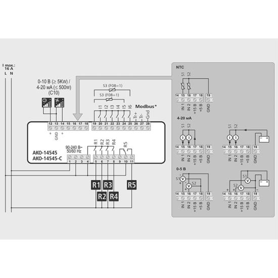 CONTROL FOR COMPRESSORS AND CONDENSER FANS, AKO-14545, with 5-stage compressor racks + 2 converter outputs, AKO CONTROL FOR COMPRESSORS AND CONDENSER FANS, AKO-14545, with 5-stage compressor racks + 2 converter outputs, AKO