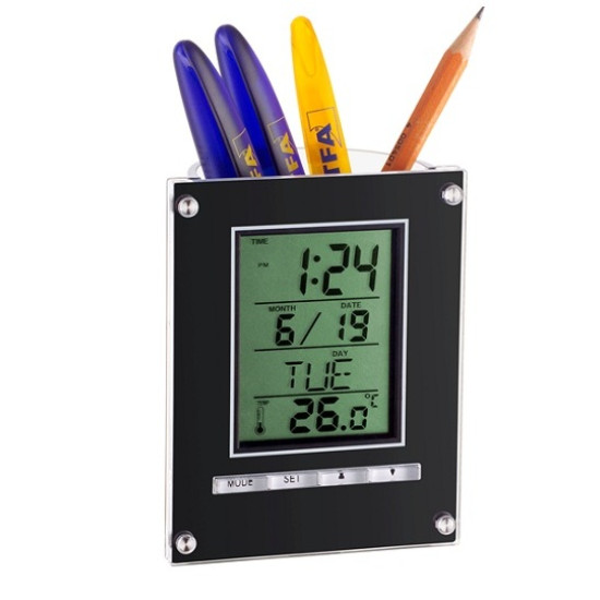 Digital alarm clock with pen pot, Black Digital alarm clock with pen pot, Black