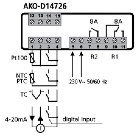 Controller D14726,4-20mA,up to 1000ºC,2 programmable outputs,230V,AKO...