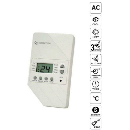 ERT100-LCD-IR - Wall mount 230VAC Thermostat, Heat-Pump configuration, 12-hour timer and an option for a Remote Control Unit ERT100-LCD-IR - Wall mount 230VAC Thermostat, Heat-Pump configuration, 12-hour timer and an option for a Remote Control Unit