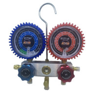 SERVICE MANIFOLD DOUBLE GAUGE, ALUMINIUM, WITH LIQUID INDICATOR,  "Heavy duty", R1234yf, ACRTOOLS