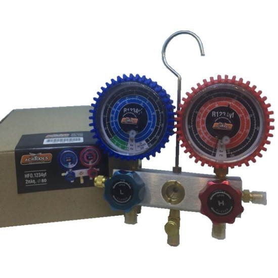 SERVICE MANIFOLD DOUBLE GAUGE, ALUMINIUM, WITH LIQUID INDICATOR,  "Heavy duty", R1234yf, ACRTOOLS